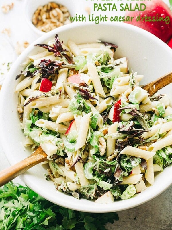 Apples and Celery Pasta Salad with Light Caesar Dressing - Penne Pasta tossed with Gala apples, celery, walnuts and a lightened-up, homemade Caesar Dressing. The textures and flavors make this salad absolutely irresistible!