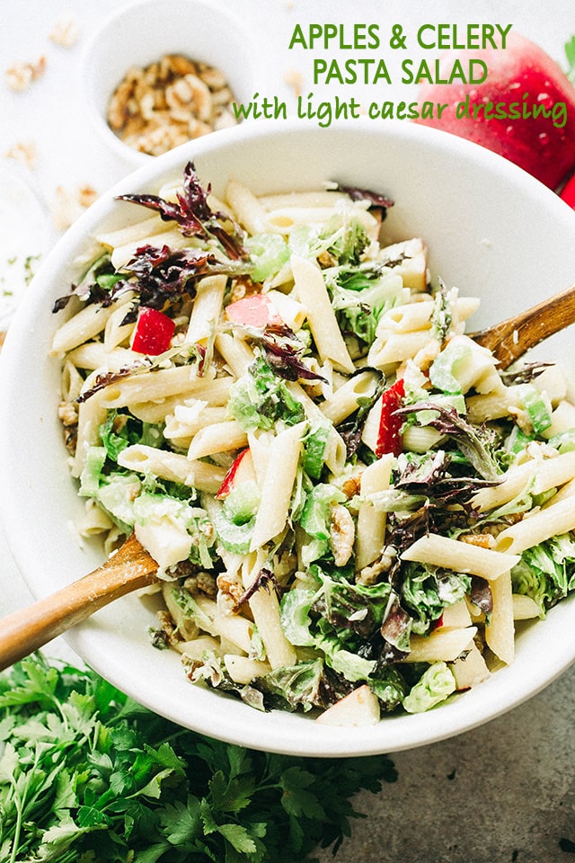 Apples and Celery Pasta Salad with Light Caesar Dressing in a salad bowl.