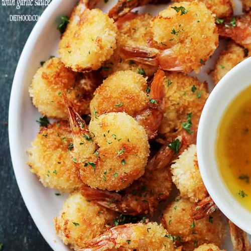 Baked Batter "Fried" Shrimp with Garlic Dipping Sauce