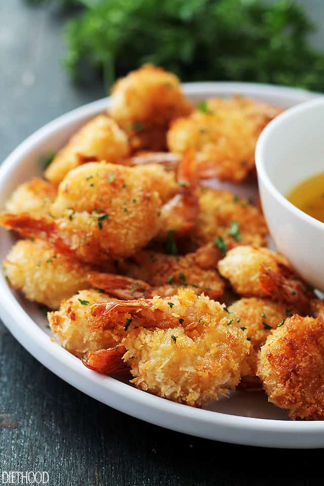 Batter "Fried" Shrimp with Garlic Dipping Sauce | www.diethood.com | If you are a fan of Red Lobster's Batter Fried Shrimp, then you are going to LOVE this healthier, homemade version in which the shrimp are baked instead of fried and they taste amazing!