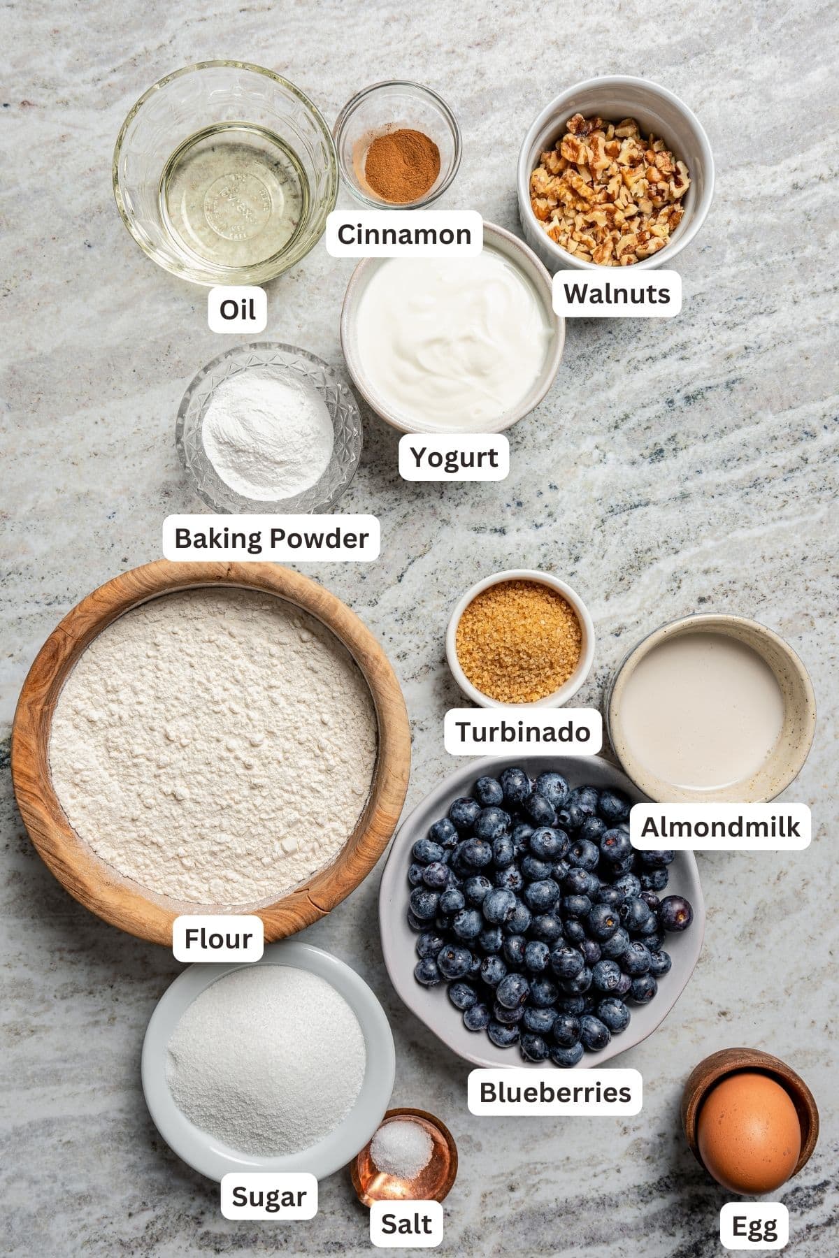 Photo of all the ingredients to make a blueberry coffee cake. 