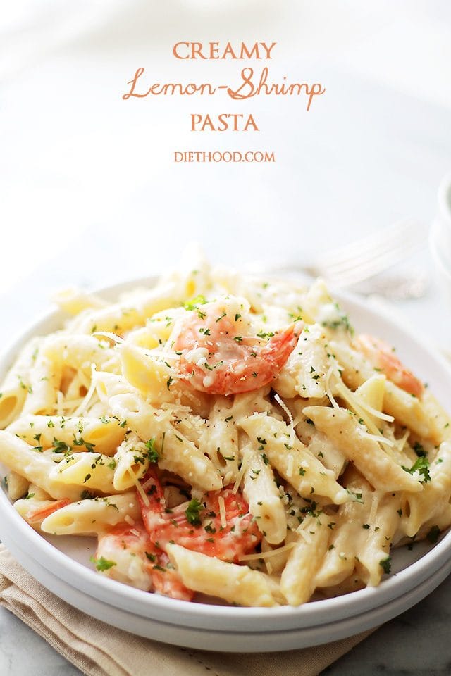 Lemon shrimp pasta in a bowl.