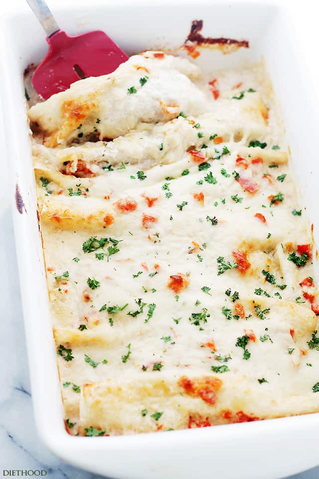 Mediterranean White Chicken Enchiladas | www.diethood.com | Made with shredded chicken, Italian cheeses, bell peppers and yogurt sauce, Chicken Enchiladas never tasted so good!!