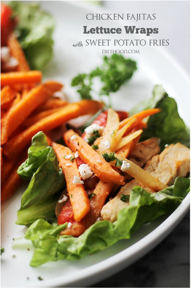 Chicken Fajitas Lettuce Wraps with Sweet Potato Fries - These quick, easy and absolutely delicious Lettuce Wraps are stuffed with seared onions, bell peppers, chicken strips and a good dose of sweet potato fries. Get the recipe on diethood.com