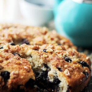 Lightened-Up Blueberry Coffee Cake | www.diethood.com | Soft, light and airy, this coffee cake is loaded with fresh blueberries and topped with sweet, crunchy walnuts. Low calorie, but it sure doesn't taste like it! It's absolutely delicious!