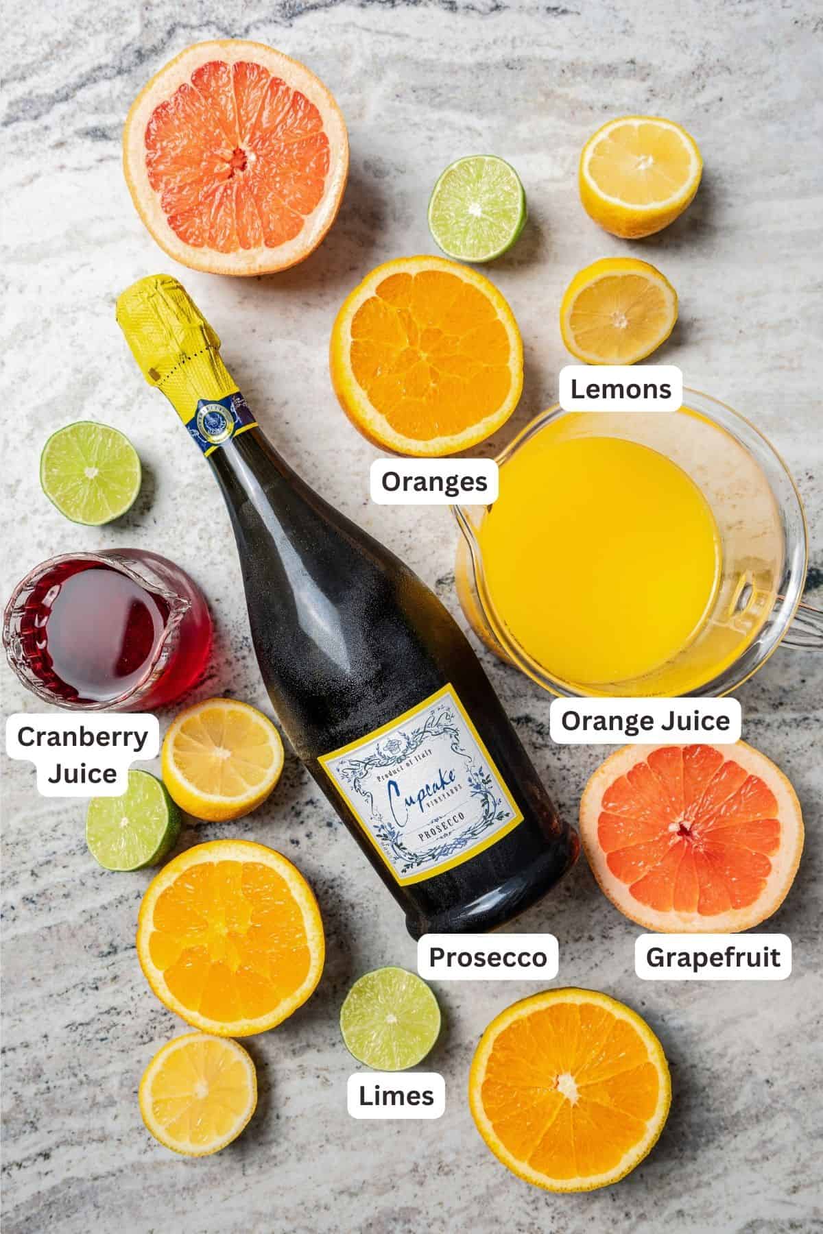 Mimosa ingredients with text labels overlaying each ingredient.
