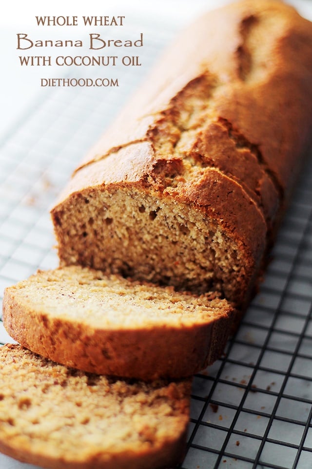 Whole Wheat Banana Bread with Coconut Oil set on a wire rack. 