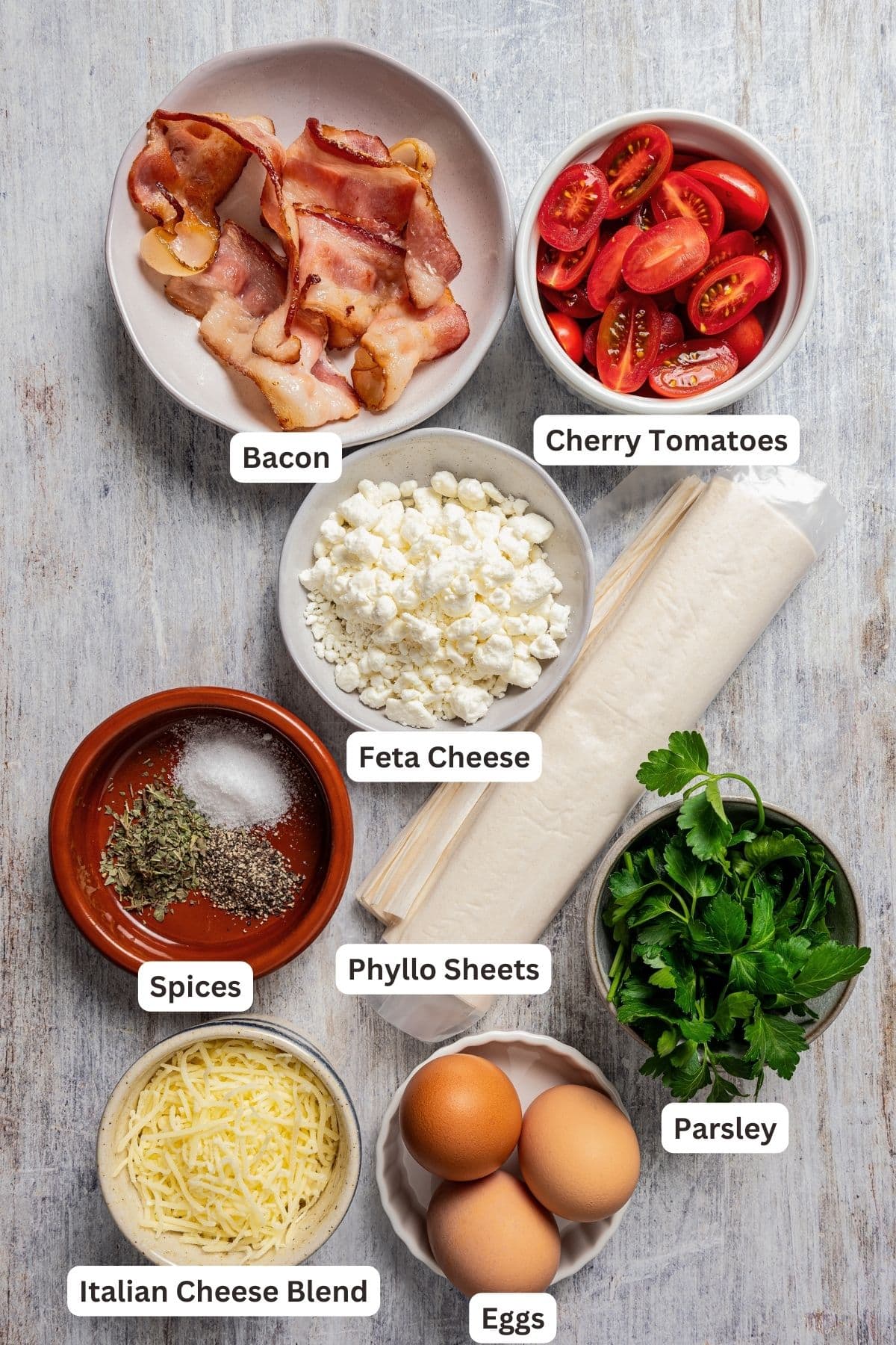 Labeled ingredients for breakfast pizza. 