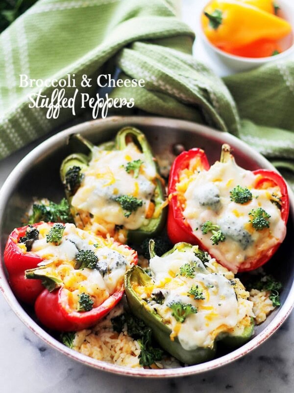 Broccoli and Cheese Stuffed Peppers - A delicious mixture of broccoli, cheese and rice stuffed inside colorful bell peppers. Get the recipe on diethood.com