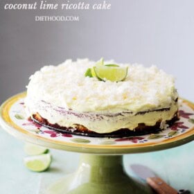 Coconut Lime Ricotta Cake {Flourless} | www.diethood.com | Bright, light and incredibly delicious Coconut Lime Cake made with ricotta cheese and almond meal. Just like that classic Coconut Lime Cake, but better! AND gluten free!