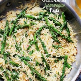 Garlic Butter Asparagus Pasta - Orzo Pasta and fresh Asparagus tossed in a garlic butter sauce and parmesan cheese. It's a 20-minute, garlicky and cheesy pasta dinner! Get the recipe on diethood.com