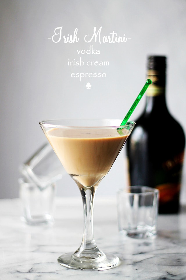 Irish Martini in a martini glass with green stirrer 