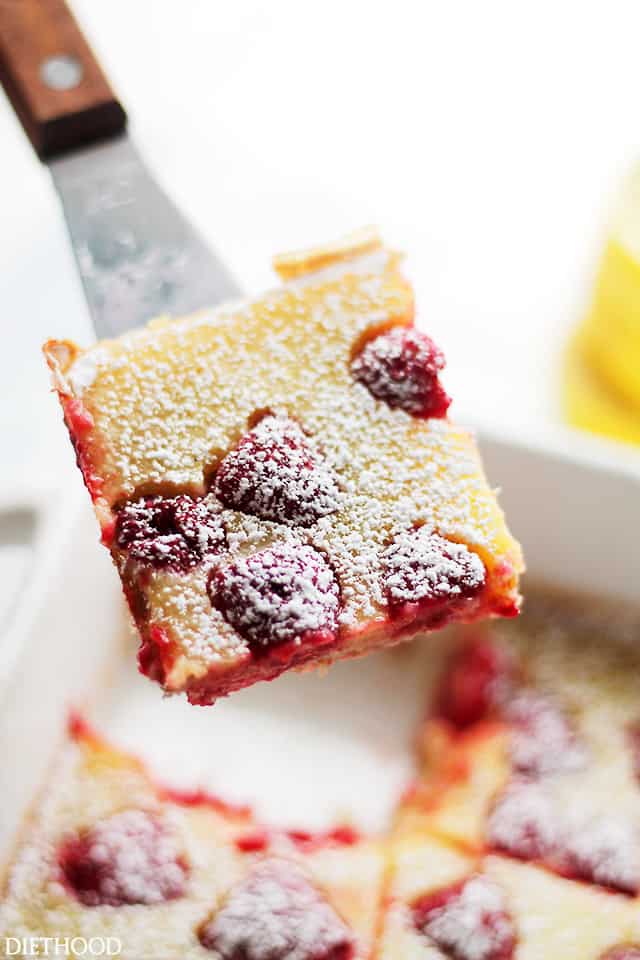 Raspberry Lemon Bars | www.diethood.com | Bursting with flavor and texture, these Lemon Bars are not only delicious, but at 150 calories per serving, they're also much lighter than your classic Lemon Bars.