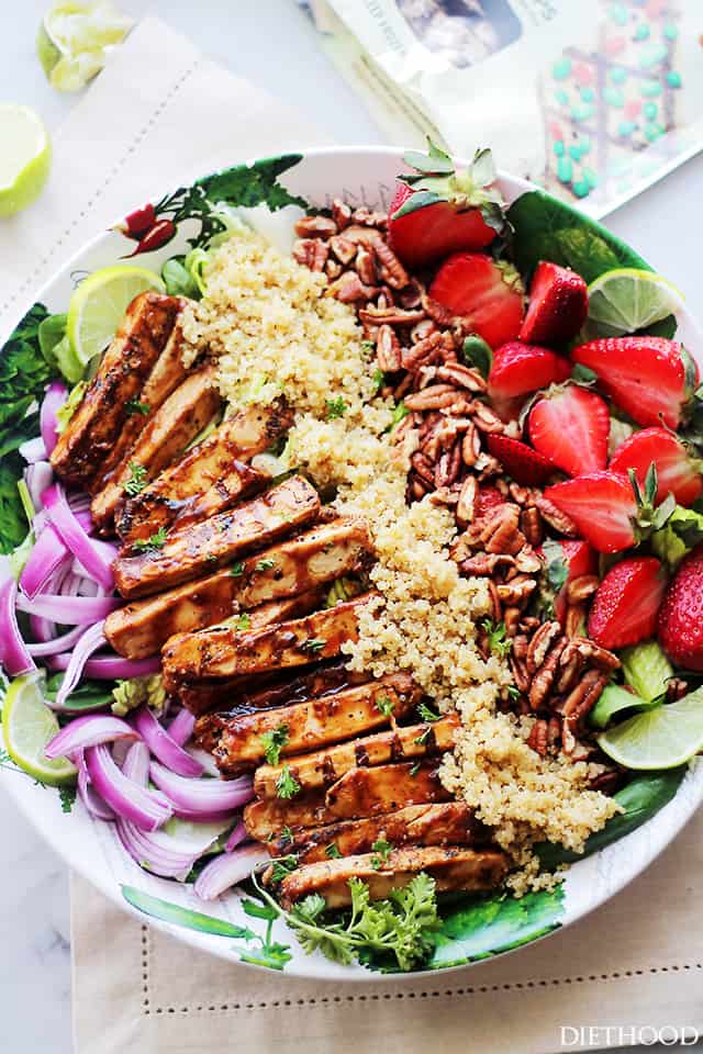 Quinoa and Berries Barbecue "Chicken" Salad - Crisp, fresh and flavorful Barbecue "Chicken" Salad tossed with berries, nuts and delicious quinoa. Get the recipe on diethood.com