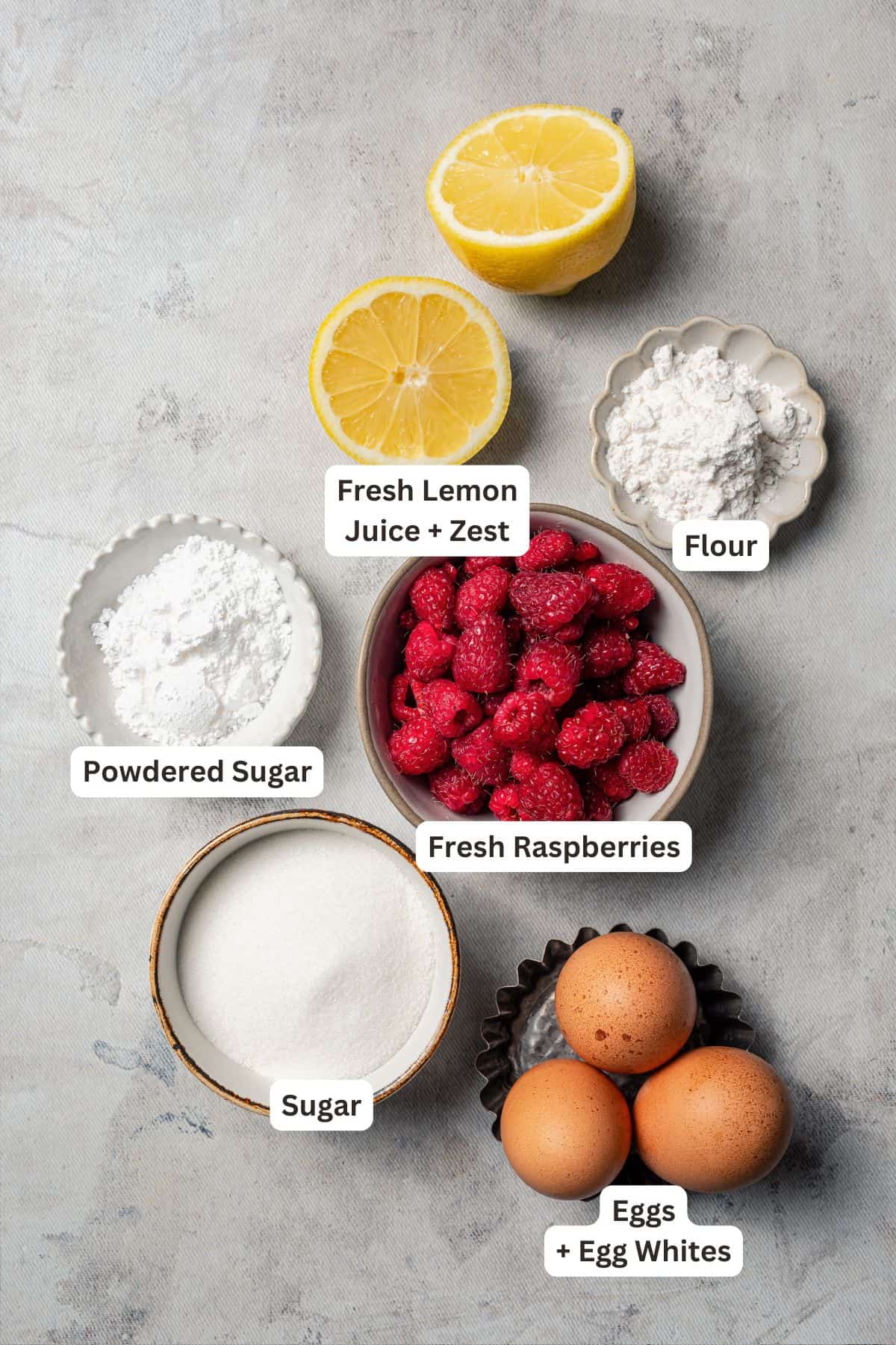 Raspberry lemon bars ingredients with text labels overlaying each ingredient.