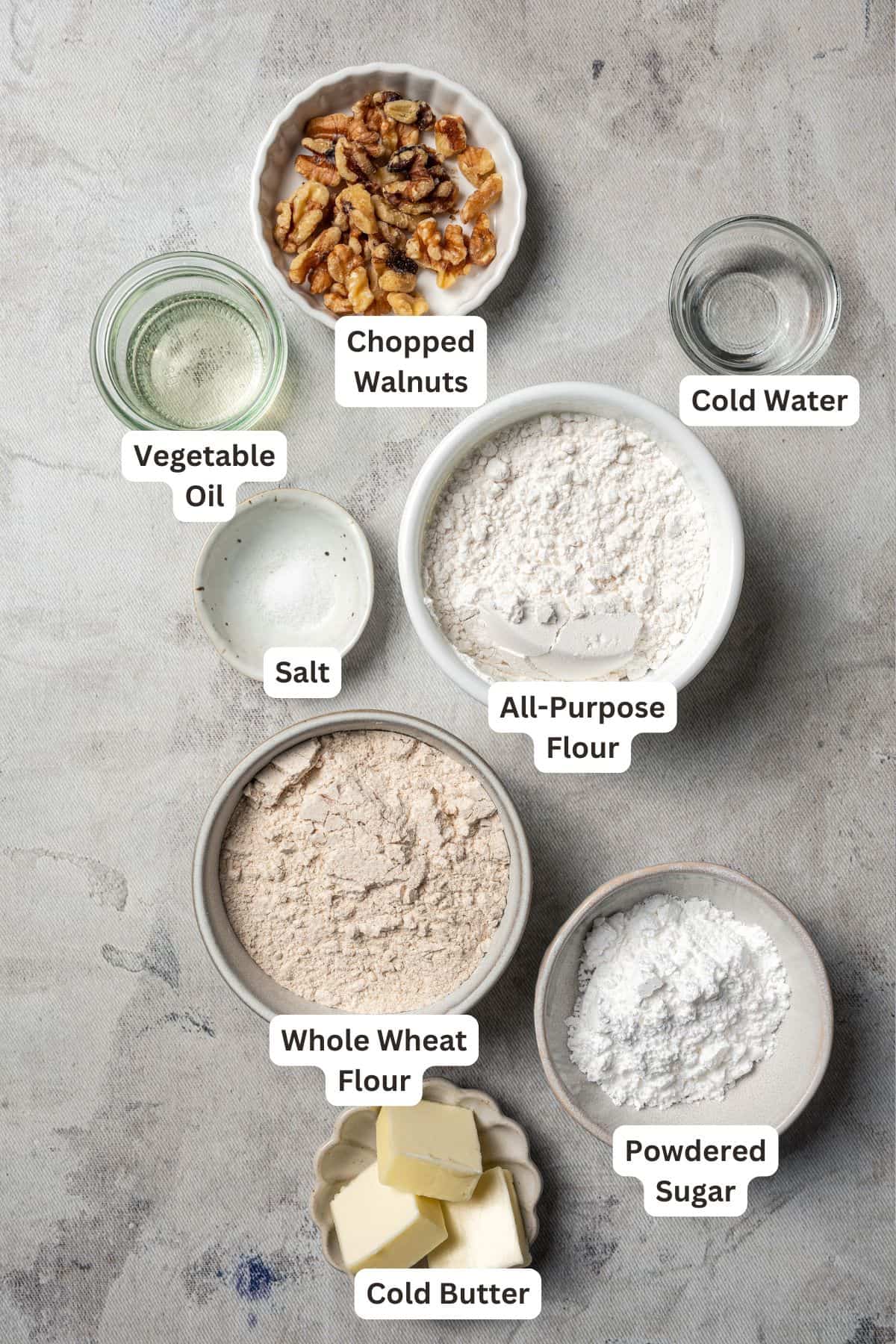Cookie crust ingredients with text labels overlaying each ingredient.