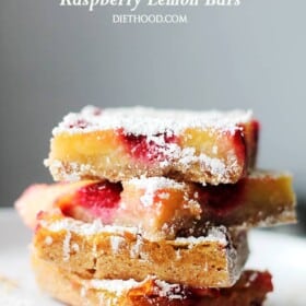 Raspberry Lemon Bars – Nutty cookie crust topped with a luscious lemon filling and studded with fresh sweet raspberries. Bursting with flavor and texture, these Lemon Bars are not only delicious, but at 150 calories per serving, they’re also much lighter than your classic Lemon Bars Recipe. PUCKER UP!
