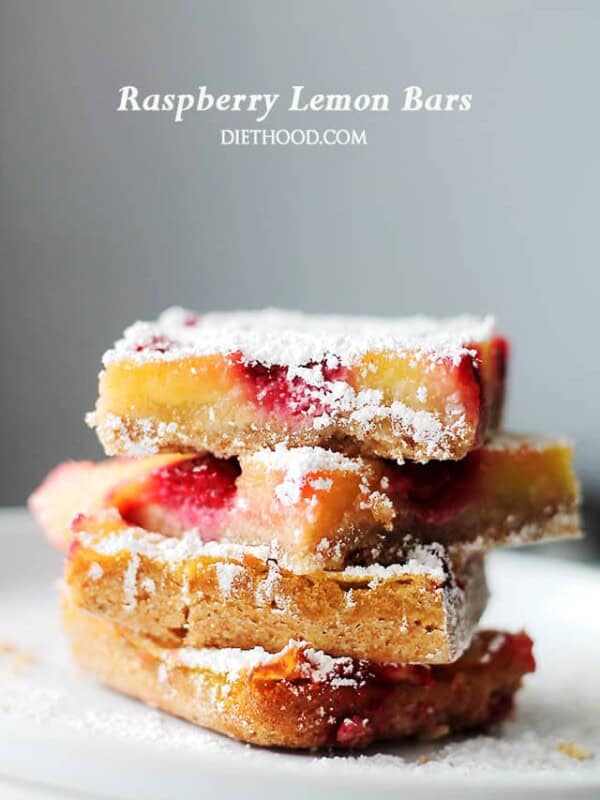 Raspberry Lemon Bars – Nutty cookie crust topped with a luscious lemon filling and studded with fresh sweet raspberries. Bursting with flavor and texture, these Lemon Bars are not only delicious, but at 150 calories per serving, they’re also much lighter than your classic Lemon Bars Recipe. PUCKER UP!