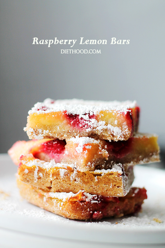 Raspberry Lemon Bars | www.diethood.com | Bursting with flavor and texture, these Lemon Bars are not only delicious, but at 150 calories per serving, they're also much lighter than your classic Lemon Bars.