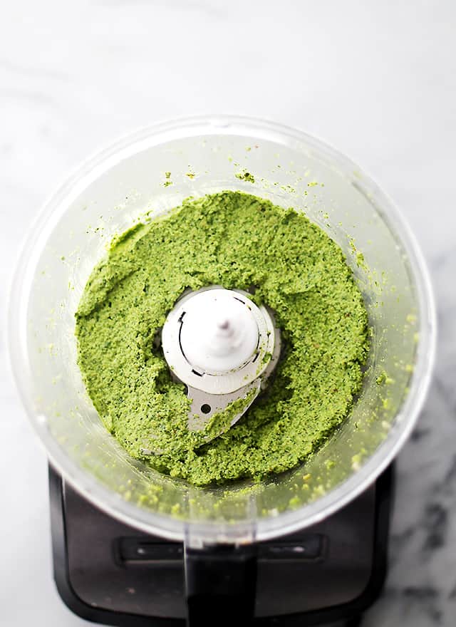 Smooth pesto in the food processor. 