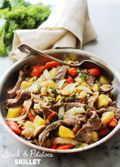 Steak and Potatoes Skillet | www.diethood.com | This easy skillet recipe involves tender strips of sirloin steak and cubed potatoes tossed with colorful veggies and Citrus Soy Sauce. It's SO good, it should win an award!