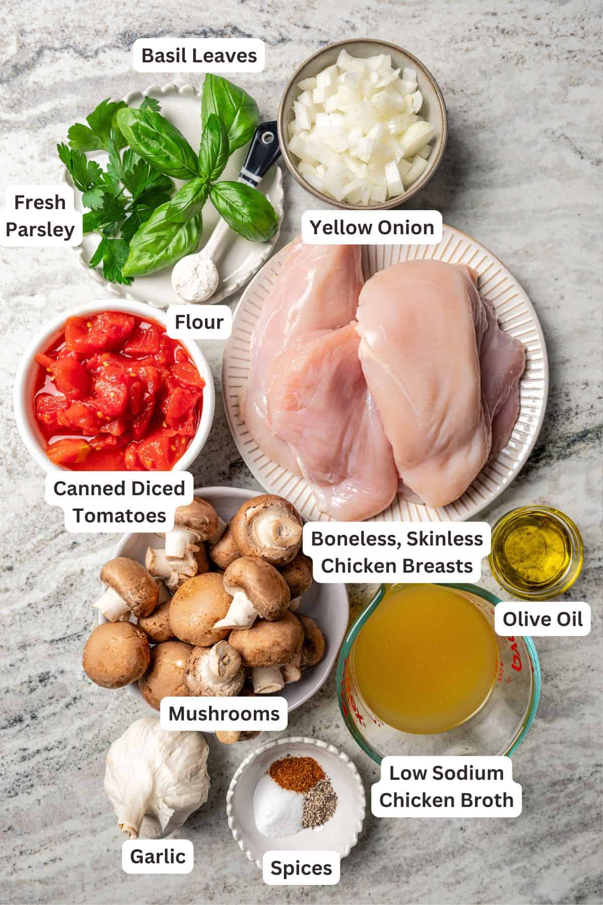 Chicken Marengo ingredients with text labels overlaying each ingredient.