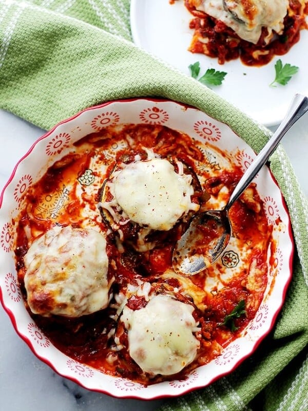 Roasted Eggplant and Tomato Sauce Stacks - A delicious combination of sweet, roasted eggplants topped with a perfectly textured tomato sauce and gooey mozzarella cheese! Get the recipe on diethood.com