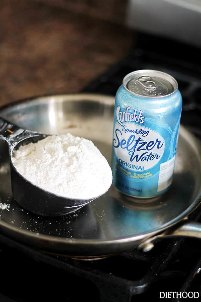 seltzer water and flour in a pan