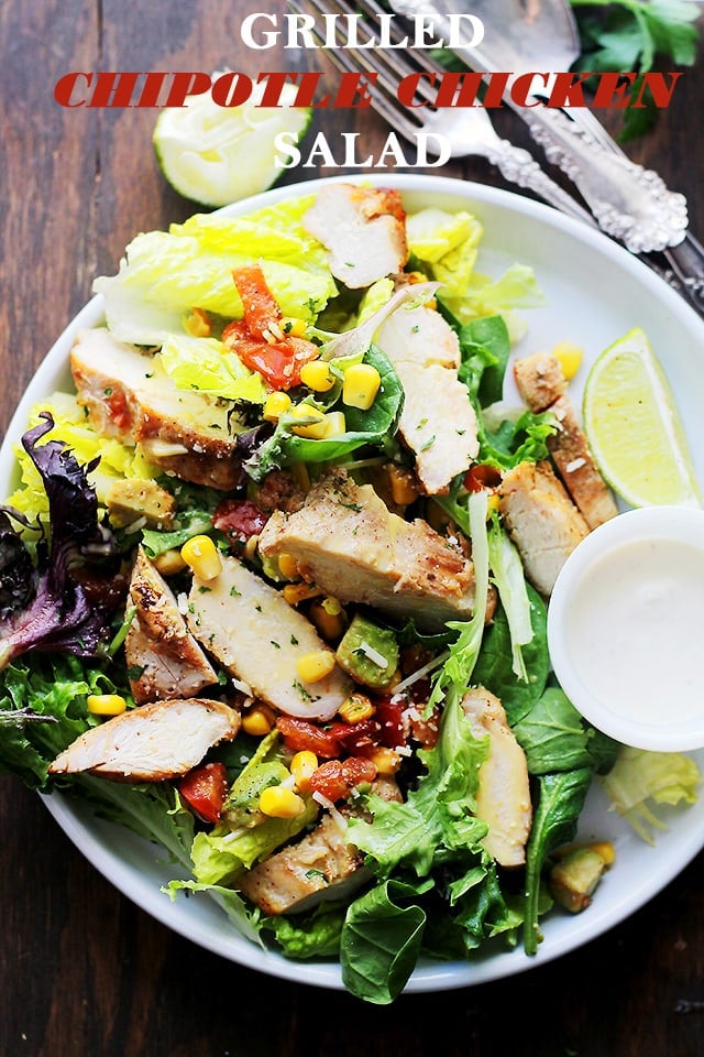 Grilled Chipotle Chicken Salad - Oven grilled chicken seasoned with chipotle powder and tossed with all your favorite southwestern fixings. An incredibly delicious salad with a bite! Get the recipe on diethood.com