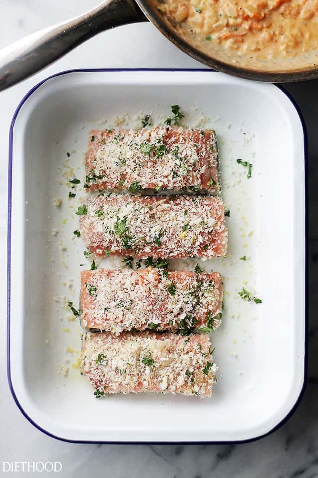 Panko-Crusted Salmon with Tuscan Tomato Sauce - Baked Salmon Fillets breaded with panko crumbs and served with the most luxurious, easy to make Tuscan Tomato Sauce. This stuff is incredible! Get the recipe on diethood.com