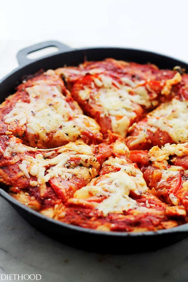 Pizza in a cast iron skillet.