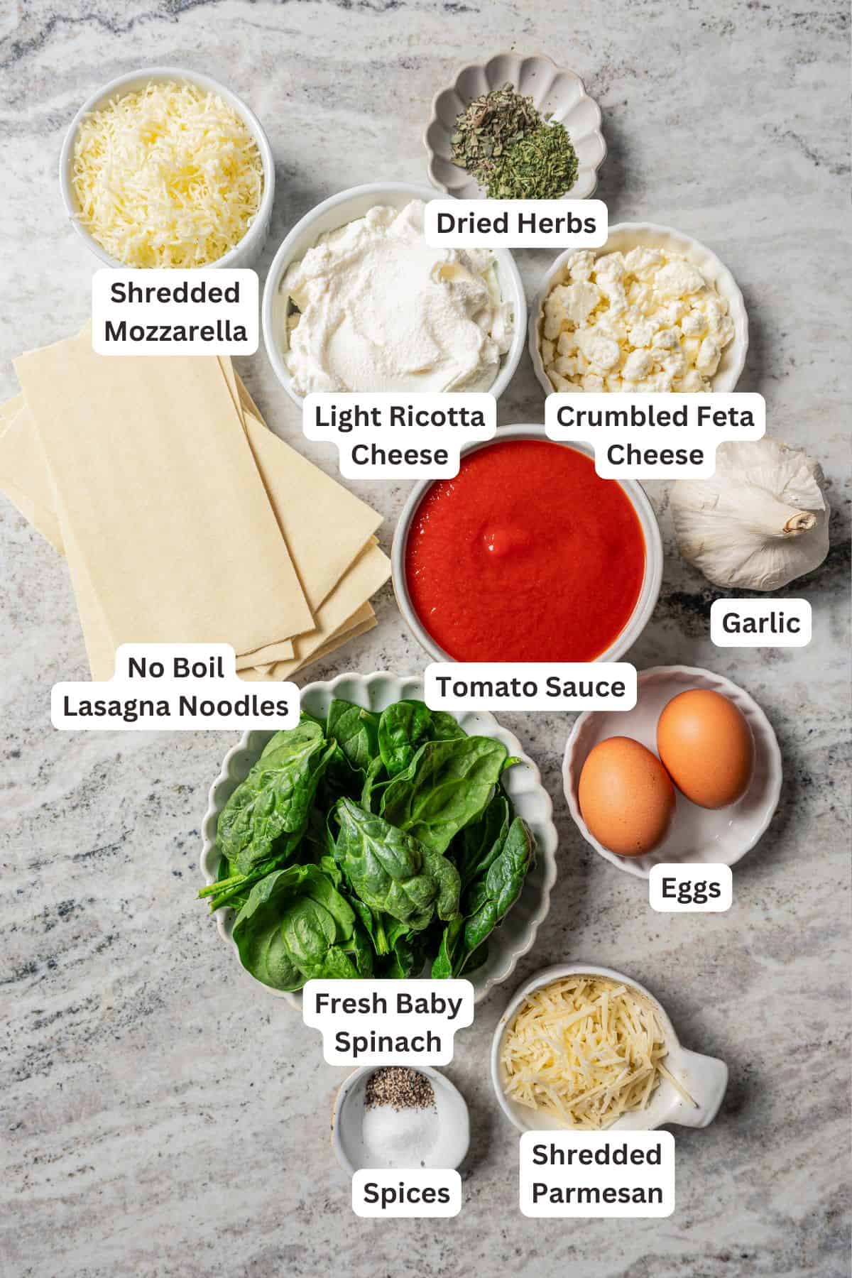 Spinach lasagna ingredients with text labels overlaying each ingredient.