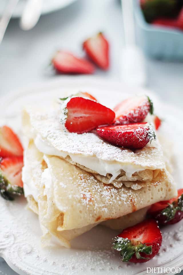 stacked crepes with strawberries