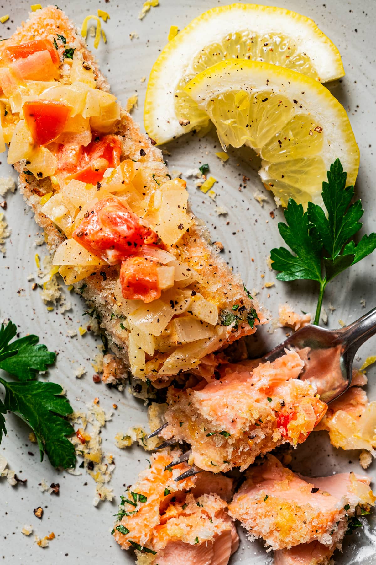 Overhead photo of panko-crusted salmon fillet topped with tomato sauce.