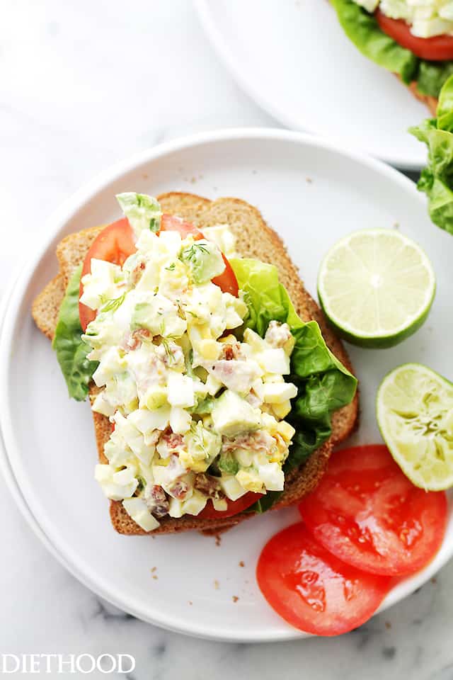 Avocado Egg Salad - Mayo-free, chunky and delicious egg salad with avocados, crunchy bacon, green onions, dill, lime juice and yogurt. Get the recipe on diethood.com