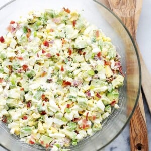 Avocado Egg Salad - Mayo-free, chunky and delicious egg salad with avocados, crunchy bacon, green onions, dill, lime juice and yogurt. Get the recipe on diethood.com