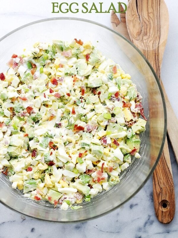 Avocado Egg Salad - Mayo-free, chunky and delicious egg salad with avocados, crunchy bacon, green onions, dill, lime juice and yogurt. Get the recipe on diethood.com