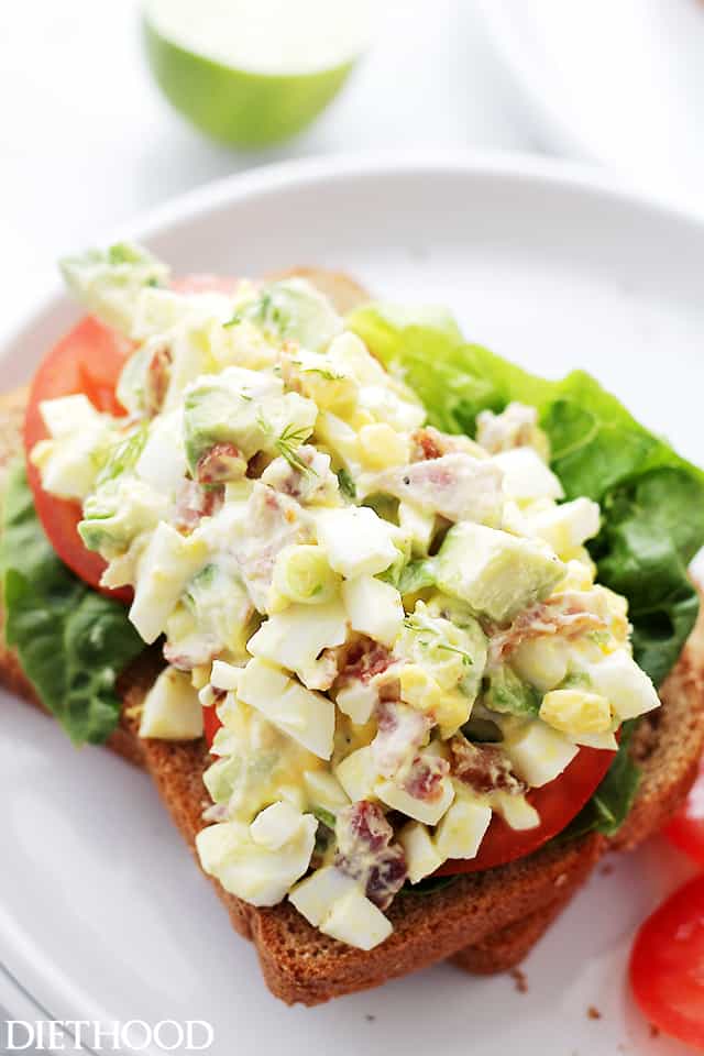 Avocado Egg Salad - Mayo-free, chunky and delicious egg salad with avocados, crunchy bacon, green onions, dill, lime juice and yogurt. Get the recipe on diethood.com