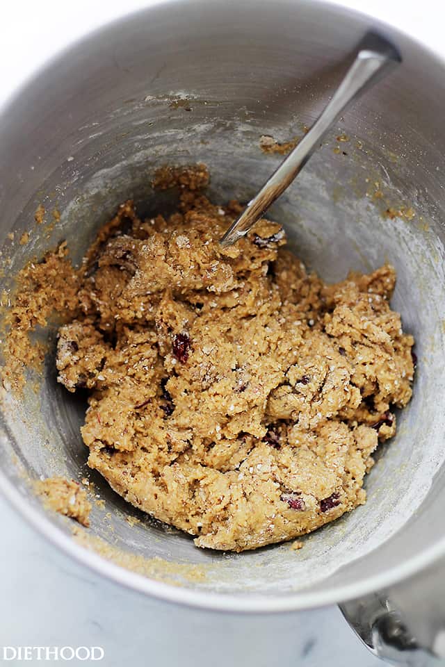 Cookie dough in a mixing bowl to make banana cookies.