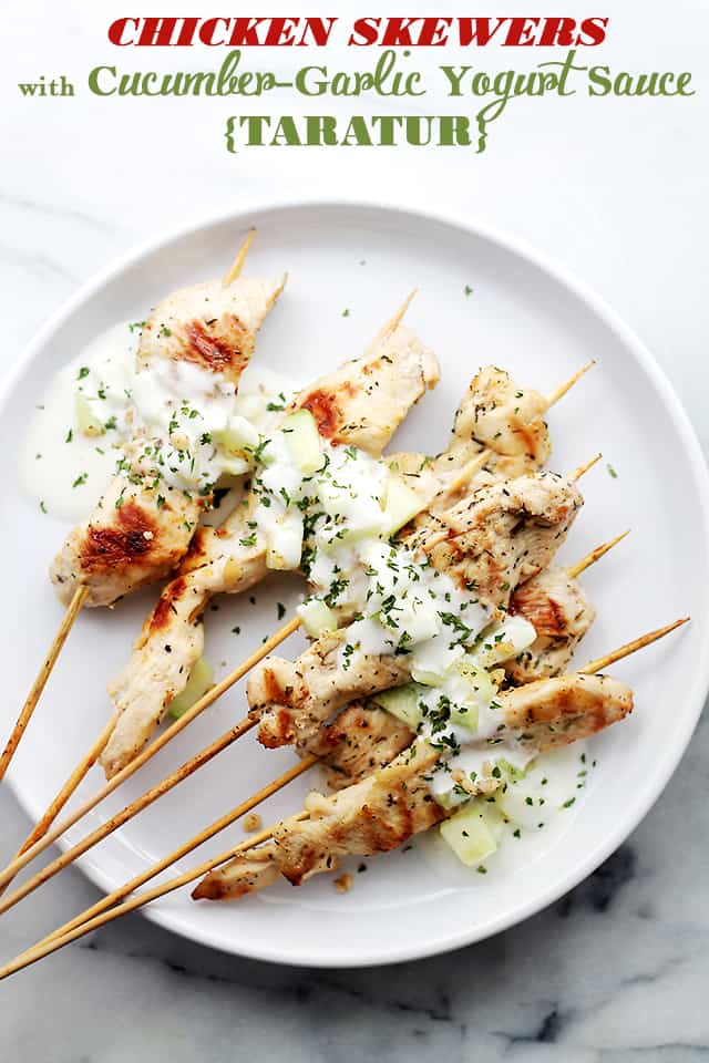 Chicken Skewers with Cucumber-Garlic Yogurt Sauce {Taratur} - So delicious and incredibly flavorful marinated grilled chicken skewers served with a side of Cucumber-Garlic Yogurt Sauce, a.k.a. Taratur.