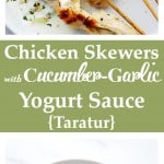 Chicken Skewers with Cucumber-Garlic Yogurt Sauce {Taratur} - So delicious and incredibly flavorful marinated grilled chicken skewers served with a side of Cucumber-Garlic Yogurt Sauce, also known as Taratur. Get the recipe on diethood.com