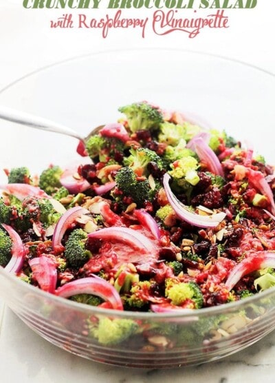 Crunchy Broccoli Salad with Raspberry Vinaigrette - Simple, healthy, easy to make Broccoli Salad with nuts, fruits and bacon! The delicious homemade Raspberry Vinaigrette brings it all together. Get the recipe on diethood.com