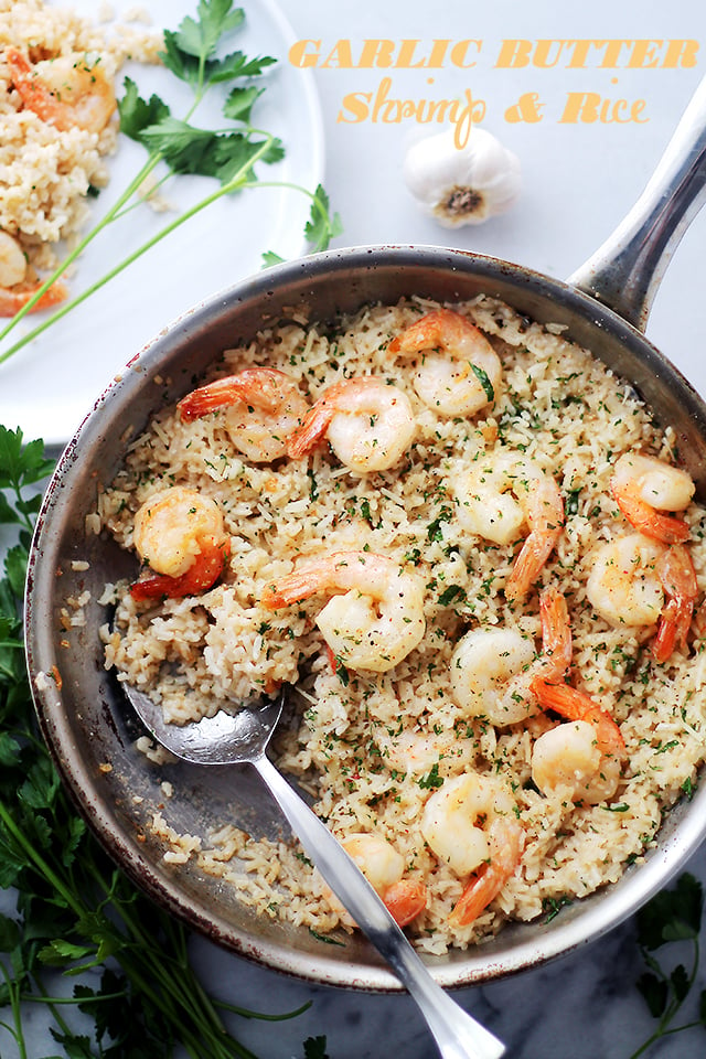 overhead shot of a skillet with Shrimp and Rice.