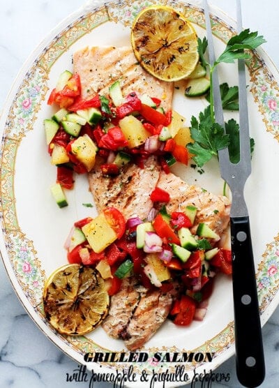Grilled Salmon with Pineapple & Piquillo Peppers Salsa - A quick, fresh and extremely flavorful Pineapple & Piquillo Peppers Salsa served alongside grilled Salmon. Get the recipe on diethood.com