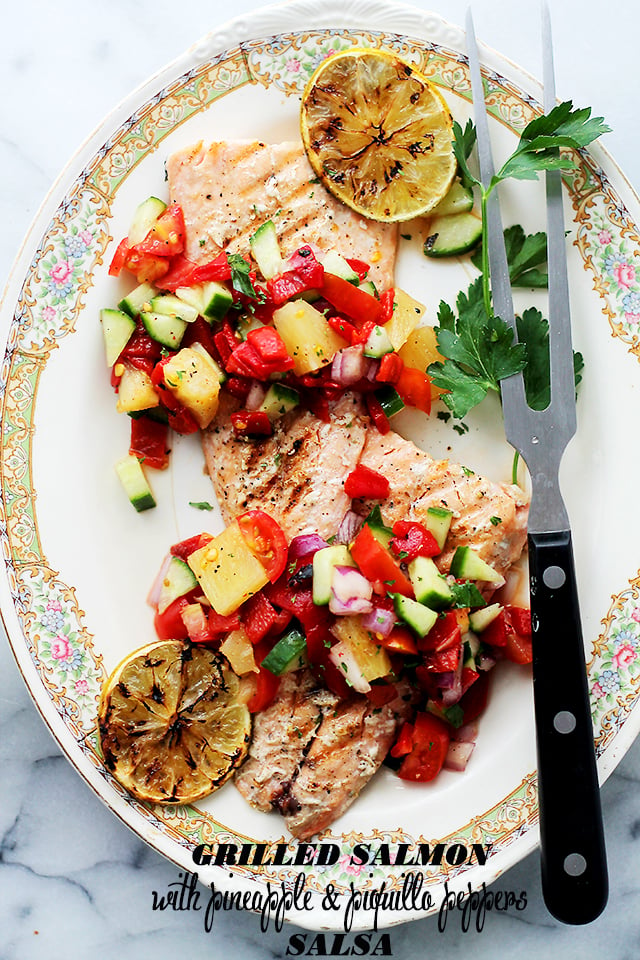 Grilled Salmon with Pineapple & Piquillo Peppers Salsa - A quick, fresh and extremely flavorful Pineapple & Piquillo Peppers Salsa served alongside grilled Salmon. Get the recipe on diethood.com