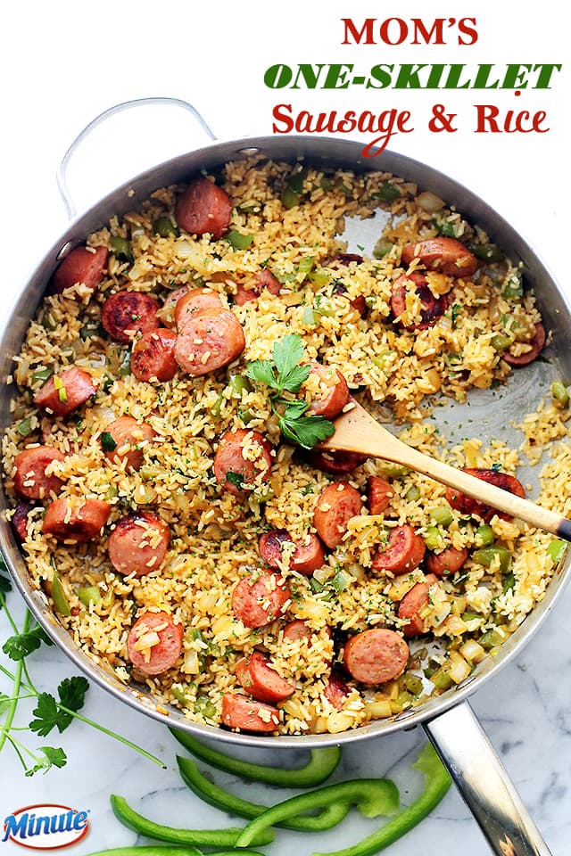 Mom's One-Skillet Sausage and Rice - Easy, 30-minute, one-skillet meal with smoked turkey sausage, fluffy white rice and flavorful veggies. Get the recipe on diethood.com