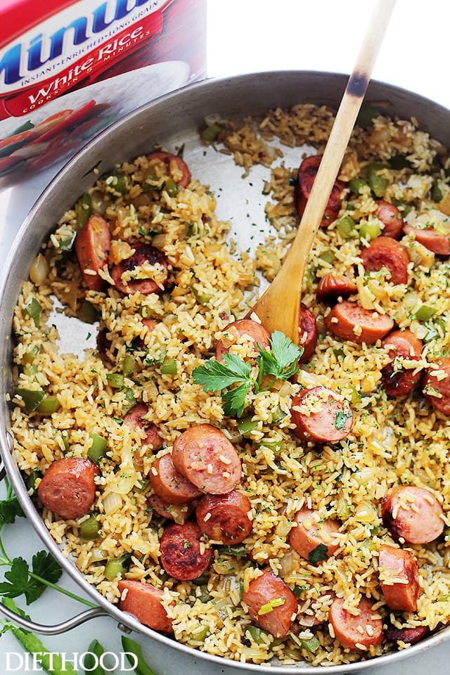 Sausage and rice in a skillet. 