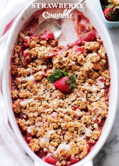 Strawberry Crumble - Warm and nutty dessert combined with sweet strawberries and a crisp crumble topping. Get the recipe on diethood.com