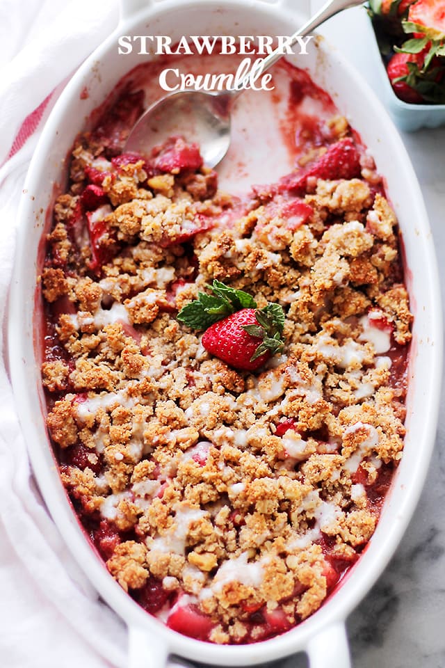 Strawberry Crumble - Warm and nutty dessert combined with sweet strawberries and a crisp crumble topping. Get the recipe on diethood.com