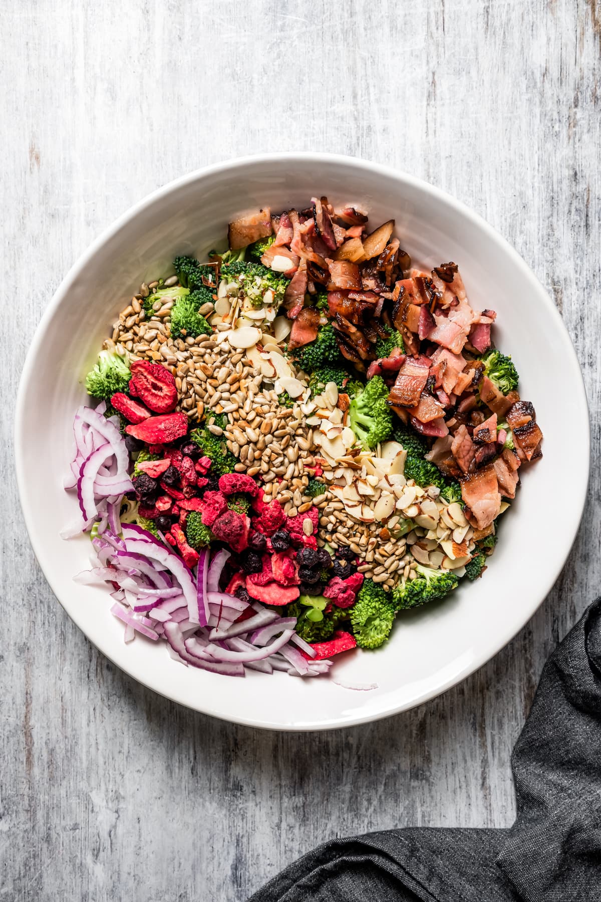 Un-dressed, un-tossed broccoli salad in a bowl.